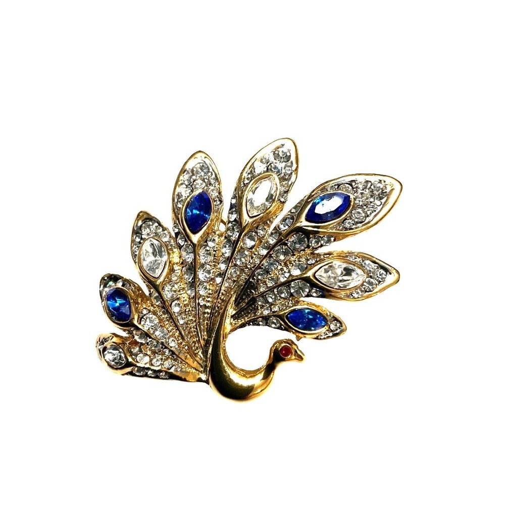 Unique Gold Tone Peacock‎ with Blue and Clear crystals Red Eye